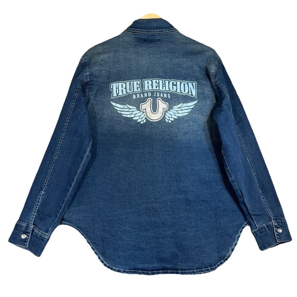 True Religion Shirt Womens Large Georgia Denim Glitter Cosy Fireside Wash NEW